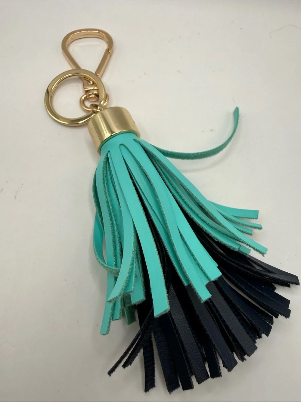 Turquoise & Black Leather Tassel Keychain with Gold-Toned Swivel Hook and Ring